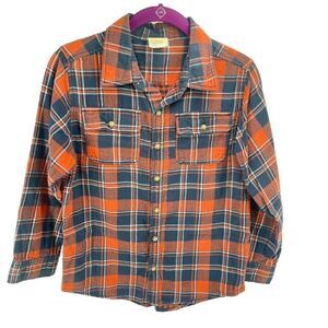 Crazy 8 Boys Button Down Shirt Long Sleeve Plaid Pocket Orange Blue Large 10/12